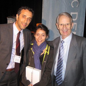 Ali Bozargzad from Sinclair Dental (L) is seen with Dr. Bill Costerton and dental hygiene student Michele Moreira. Michele is the winner of an iPad presented by Sinclair Dental, the Presenting Gold Sponsor of Research Day 2012.
