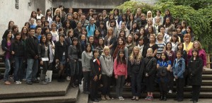 Prof. Bonnie Craig (third row, far right, yellow jacket) is seen with all four years of Entry-to-Practice classes in the Dental Hygiene Degree Program.