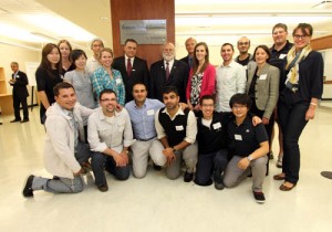 Graduate students and faculty in the Graduate Student Commons on opening day, September 13, 2012. The space is now fully furnished with study carrels that are also computer work stations.