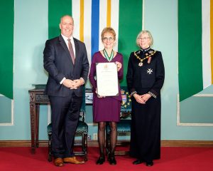 Dr. Rosamund Harrison (C), professor emerita, with Lt.-Gov. Judith Guichon and Premier John Horgan, at the Twenty-Eighth Investiture Ceremony of the Order of British Columbia on December 14, 2017.